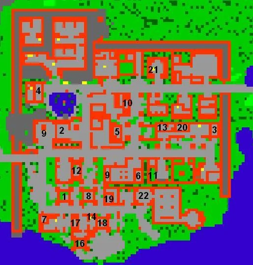 Mapa targu na zachód od Castle Ironfist z ponumerowanymi domami NPC