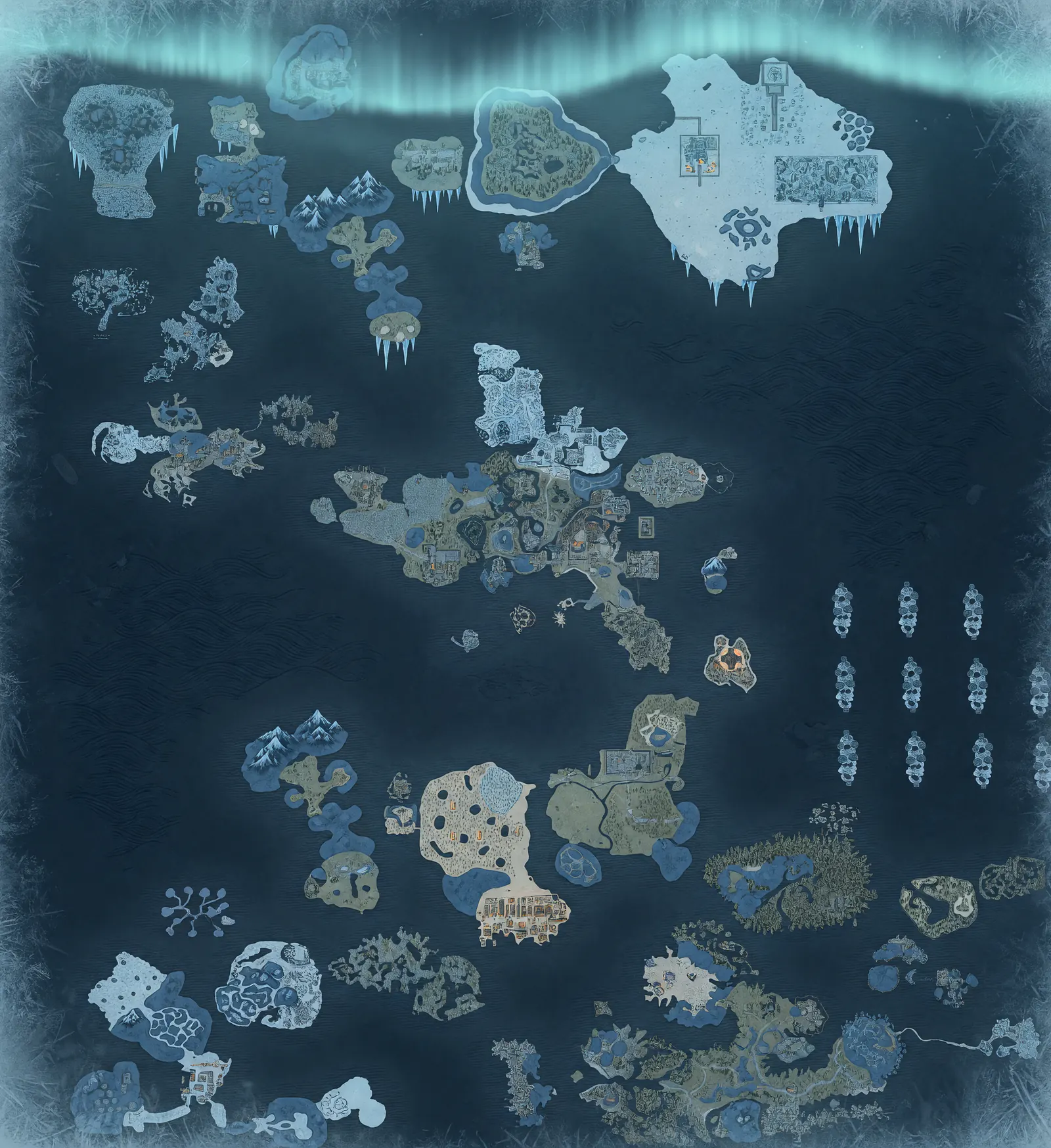 World map of Kovloria with islands, towns and lands